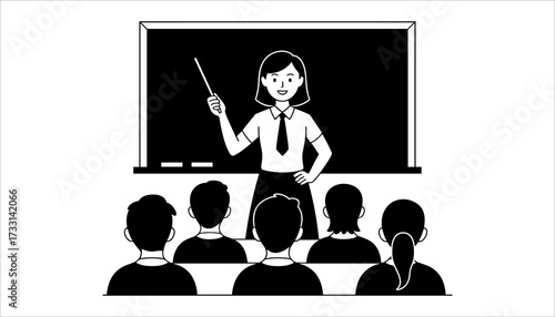 Teacher Teaching Students in Classroom Vector Illustration, Classroom Education Blackboard Teacher Student Vector Design, School Learning Teacher Explaining Lesson Flat Vector Art.
