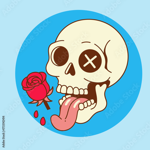 Cartoon skull licking tongue, blue circle background, rose detail, creepy punk aesthetic, playful spooky emblem, vector illustration