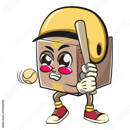 delivery cardboard box mascot cartoon character vector illustration with helmet playing baseball ready to hit the ball with the bat, work of hand drawn