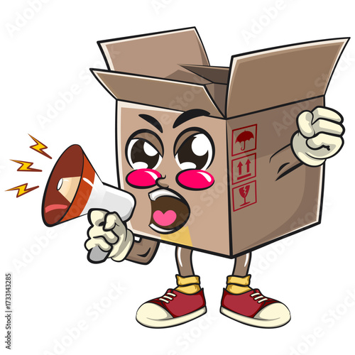 cute cardboard box mascot character vector illustration isolated out loud with loudspeaker, work of hand drawn