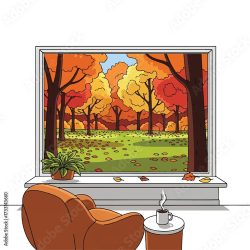 Cozy living room interior with autumn scenery viewed through a large window, featuring a comfortable chair, coffee table with a mug, and potted plant on a white sill.