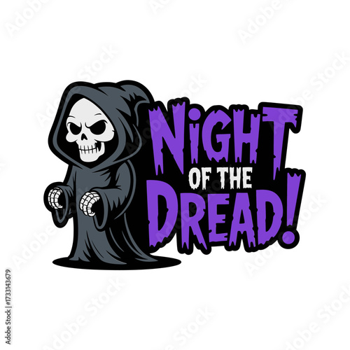 Grim reaper mascot, night of the dread lettering, spooky hooded figure, creepy halloween logo, purple horror vector