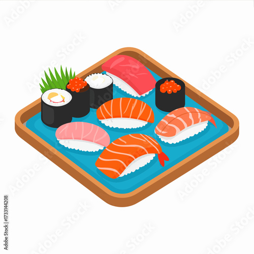 Sushi platter with tuna, salmon, and roe nigiri and maki rolls.