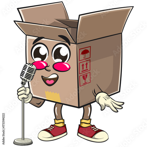 cute cardboard box mascot character vector illustration isolated on front of the mic become a stand up comedian, work of hand drawn