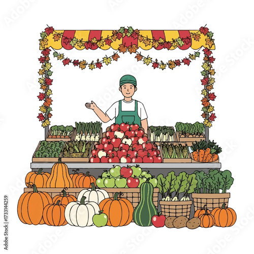 Illustration of a farmer standing behind a vibrant market stall filled with various fruits and vegetables, surrounded by a festive floral garland.