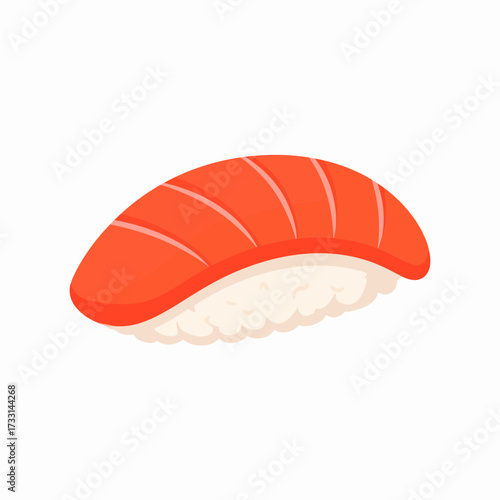 Illustration of a piece of salmon nigiri sushi on a white background.