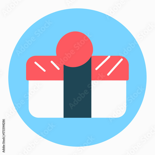 Sushi nigiri icon with salmon on rice, wrapped with nori seaweed, on blue background.