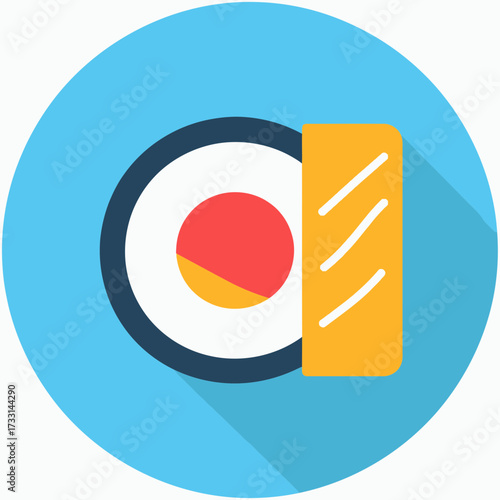 Sushi roll and nigiri icon on a blue background with shadow.