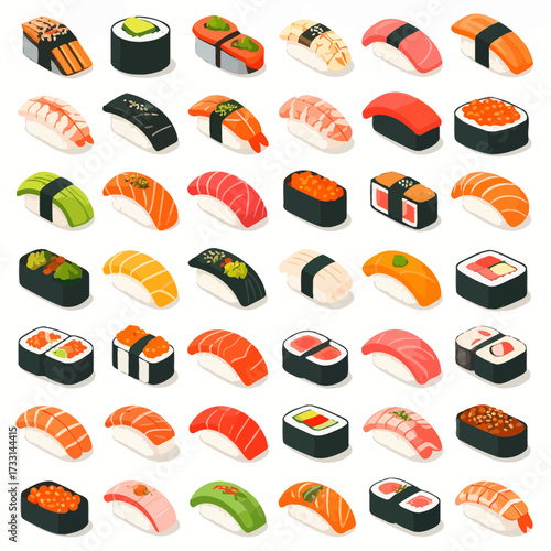 Assorted sushi and maki rolls arranged in a grid pattern.