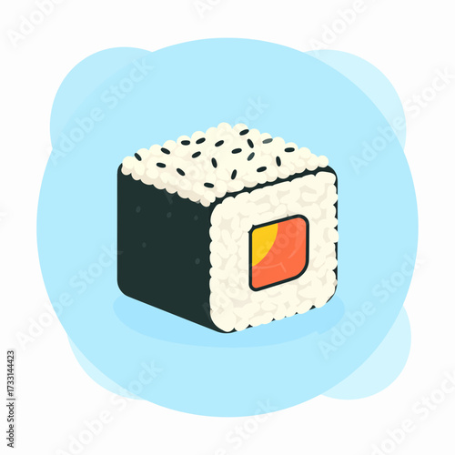 Square sushi roll with salmon and rice, wrapped in seaweed.