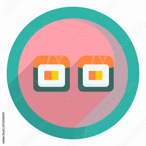 Sushi rolls icon with salmon and rice on a pink background.