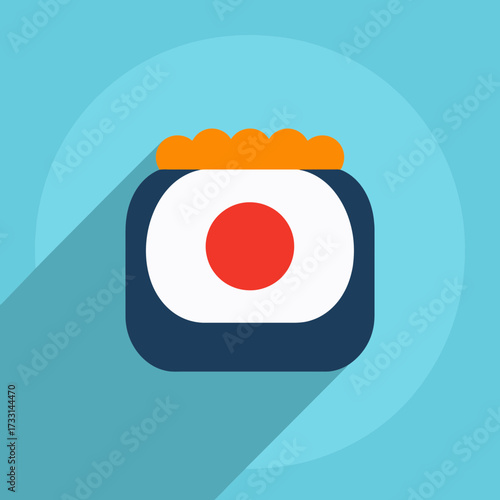 Sushi icon with Japanese flag and orange roe on top, flat design.