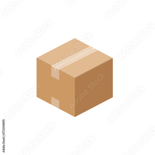Brown cardboard shipping box sealed with clear packing tape, isolated on a white background, ready for delivery.