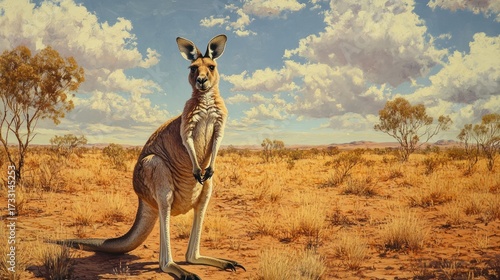 Kangaroo in arid landscape under cloudy sky nature scene artistic illustration