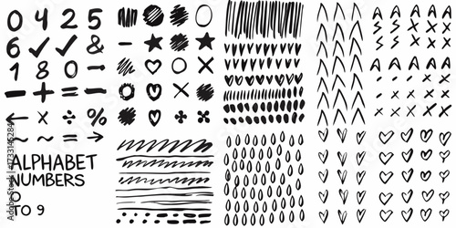 Collection of hand drawn black ink doodles and symbols including numbers letters and shapes