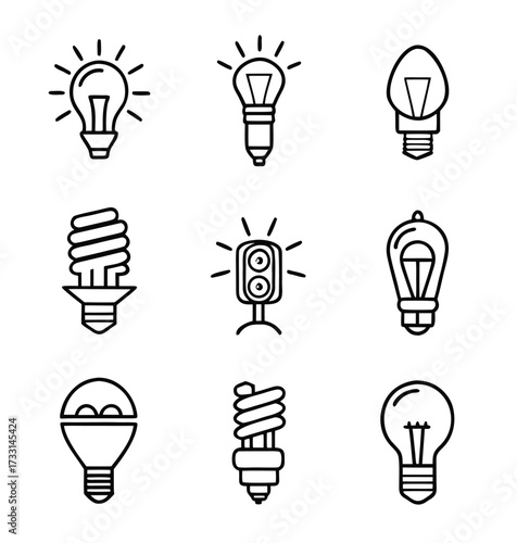 Flashlight Bulbs Icons including incandescent, halogen, LED, fluorescent bulbs for lighting equipment design 