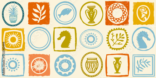 Collection of stylized graphic icons featuring plants sea creatures pottery and sun motifs in a retro color palette