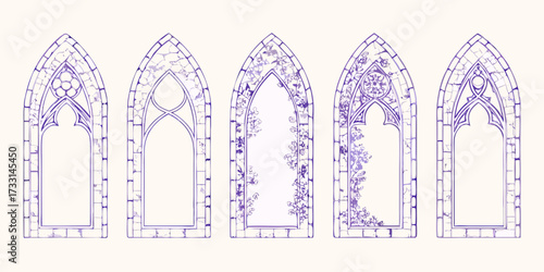 Collection of five ornate gothic arched windows with stone textures and floral embellishments in purple watercolor style