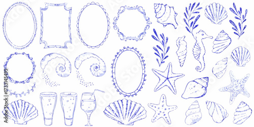 Collection of hand drawn blue watercolor sea elements including shells starfish seahorse seaweed and decorative frames