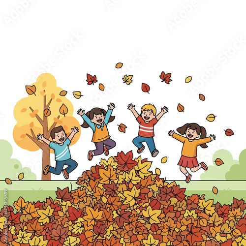 Four children jumping in a pile of autumn leaves with a tree in the background, conveying a joyful and playful mood with warm colors.