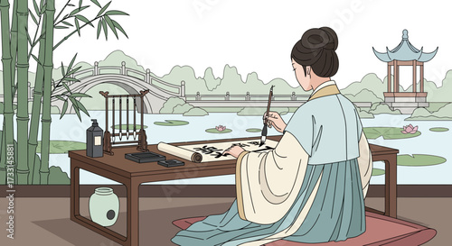 Elegant Asian Woman Practicing Calligraphy in a Traditional Garden Setting
