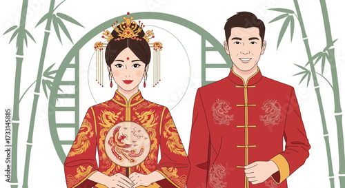 Traditional Chinese Wedding Couple in Red Attire Illustration. Cultural Celebration with Bamboo Background.