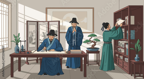 Traditional Chinese Study Room Scene: Scholars Writing and Researching