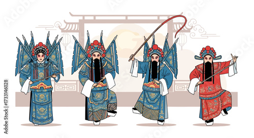 Traditional Chinese Opera Characters in Elaborate Costumes & Makeup. Asian Cultural Performance Art Illustration