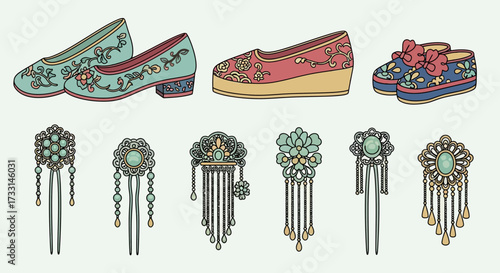 Traditional East Asian Embroidered Shoes and Ornate Hairpins Set - Cultural Fashion Accessories