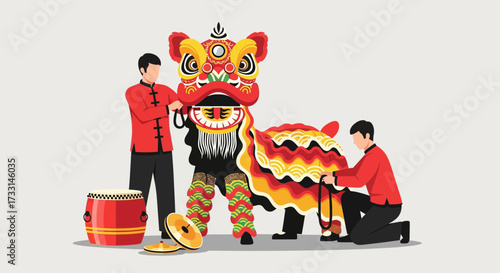 Vibrant Chinese Lion Dance costume preparation. Performers adjust the traditional lion head and body for cultural celebration.