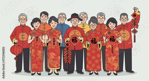 Diverse Asian Family Celebrating Lunar New Year. Group in traditional attire holding festive decorations like lanterns and Fu characters.
