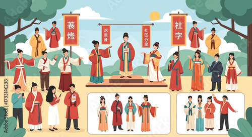 Traditional Chinese Hanfu Fashion and Cultural Scene Illustration with Diverse Characters and Historical Elements