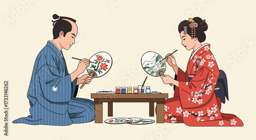 Japanese Couple in Traditional Kimono Painting Uchiwa Fans, Cultural Art Activity