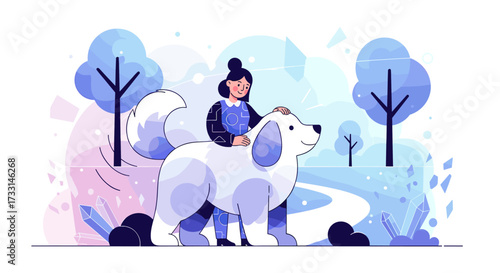 A young woman enjoys a peaceful walk with her fluffy white dog through a park in autumn.