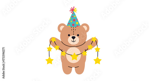 A cute teddy bear wearing a party hat holds a string of yellow star-shaped lights.