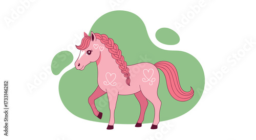A whimsical pink horse with a flowing mane and tail stands against a soft green backdrop.