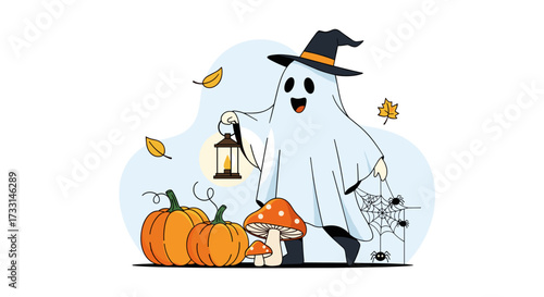 A friendly ghost in a witch hat holding a lantern with pumpkins and mushrooms nearby.
