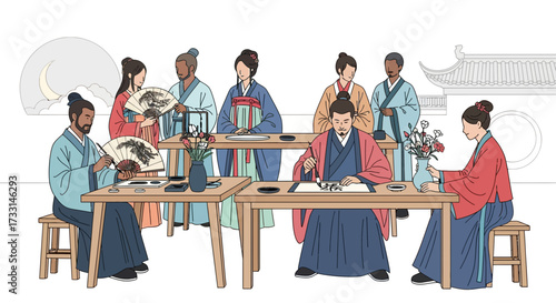 Diverse Group Practicing Traditional East Asian Arts: Calligraphy, Fan Painting, and Floral Arrangement