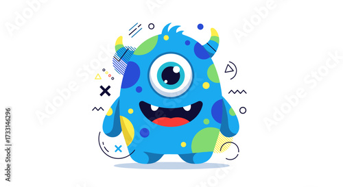 A cute blue monster with one eye and yellow horns smiling on a white background.