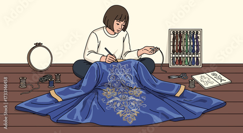 Woman Hand-Embroidering Intricate Gold Pattern on Blue Fabric, Traditional Textile Art and Craft