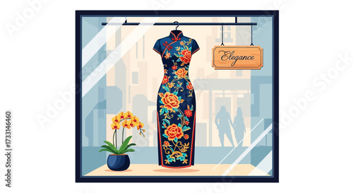 Elegant Traditional Chinese Floral Dress in Boutique Window Display with Orchid and "Elegance" Sign