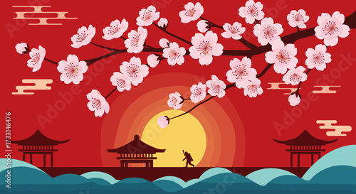 A person walks across a bridge towards a pagoda during sunset with cherry blossoms blooming overhead.