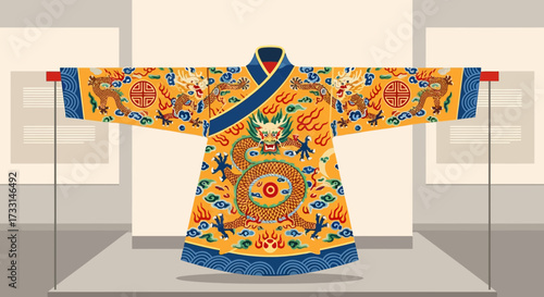 Traditional Chinese Imperial Dragon Robe on Museum Display. Ancient Royal Garment with Intricate Embroidery, Cultural Heritage Illustration