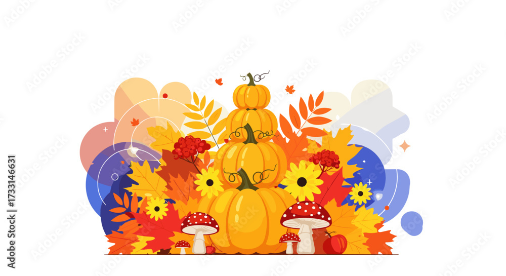 Naklejka premium An autumnal harvest display featuring stacked pumpkins colorful fallen leaves and vibrant mushrooms.