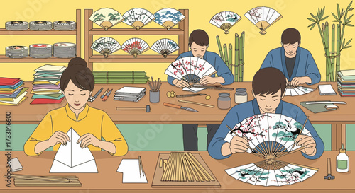 Artisans Handcrafting Traditional Asian Folding Fans in a Workshop. Cultural Artistry and Production Process Illustration.