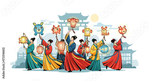 Traditional East Asian Lantern Festival celebration with people in cultural attire and ancient architecture.