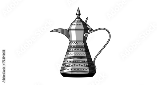 A classic silver coffee pot with intricate decorative patterns and a tall pointed lid is presented.