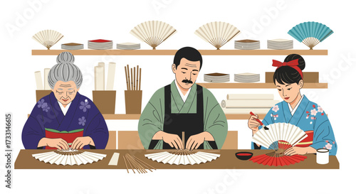 Family of Japanese Artisans Handcrafting Traditional Folding Fans in a Cultural Workshop