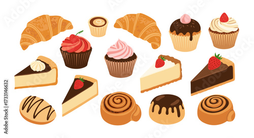 A delightful collection of freshly baked pastries and sweet treats presented on a white background.