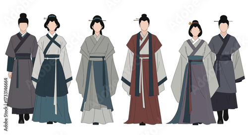 Traditional East Asian Hanfu Clothing Styles. Historical Robes for Men and Women. Cultural Attire Collection.